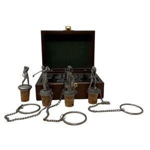 Navika Wine Bottle Stopper Set Silver Pewter Golf Theme Wood Box 4pc